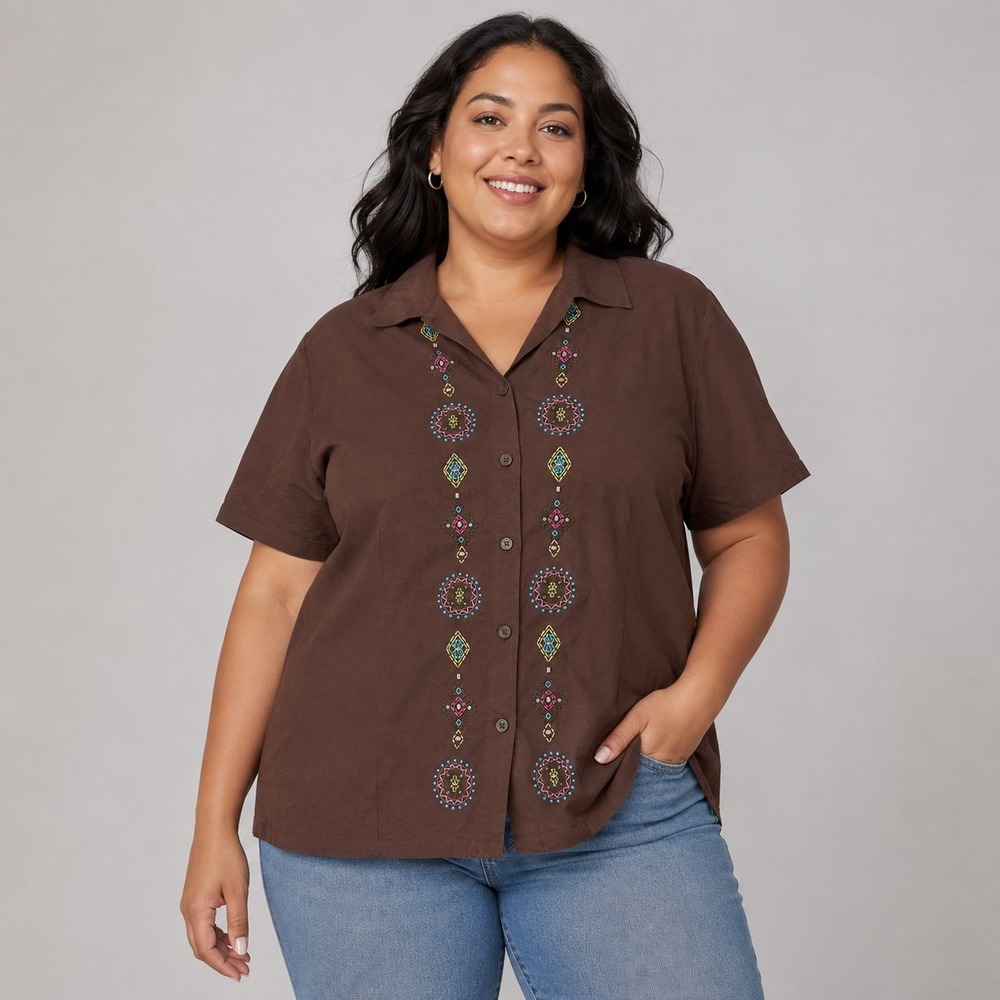 Erika Woman Button Down Shirt Womens 2X Brown Linen Blend Embroidered Beaded